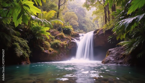 Serene Waterfall in Lush Tropical Paradise