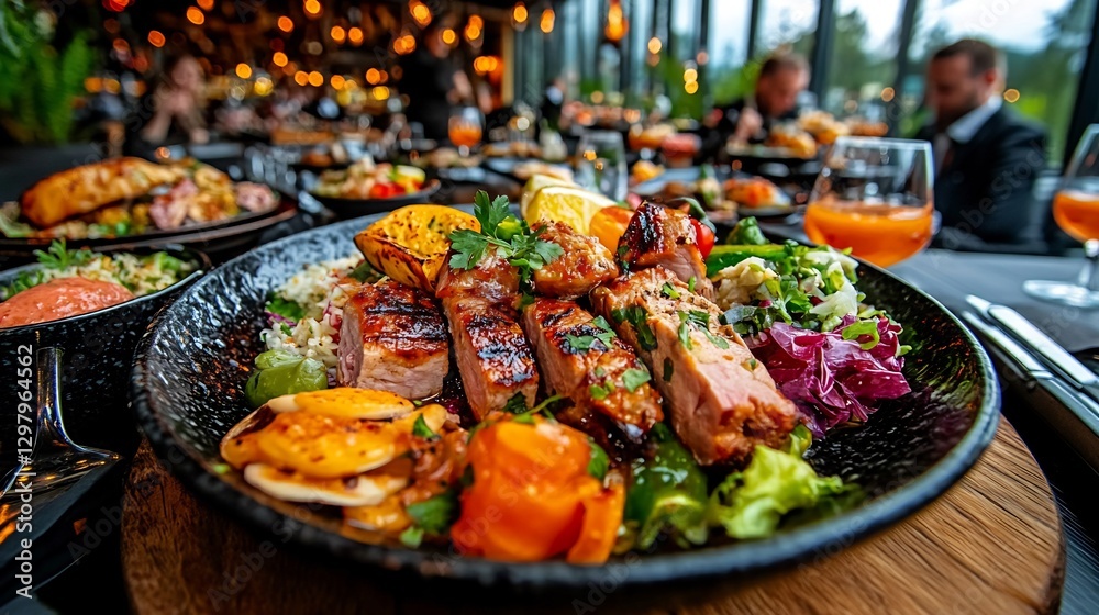 Grilled meat platter, restaurant setting, forest view Grilled meat platter, restaurant setting, forest view