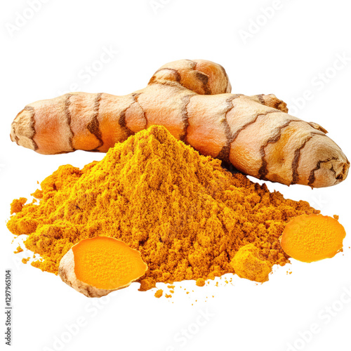 Turmeric powder and turmeric root isolated on transparent background,