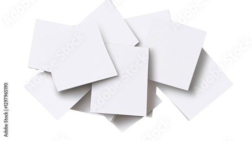 Blank Canvas: An overhead view of a scattered pile of square, blank paper, offering a multitude of creative opportunities, ready to receive new ideas and artistic expression.