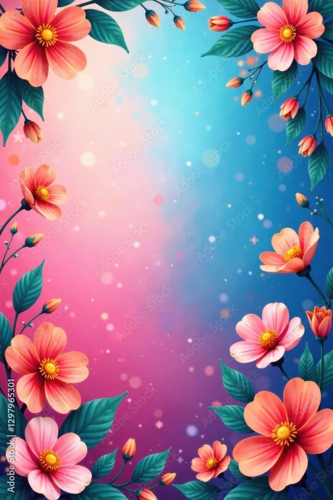 Gradient background with fuzzy pink and blue hues and yellow accents, surrounded by vibrant flowers and leaves, nature motifs, yellow, fuzzy gradient background Gradient background with fuzzy pink and blue hues and yellow accents, surrounded by vibrant flowers and leaves, nature motifs, yellow, fuzzy gradient background