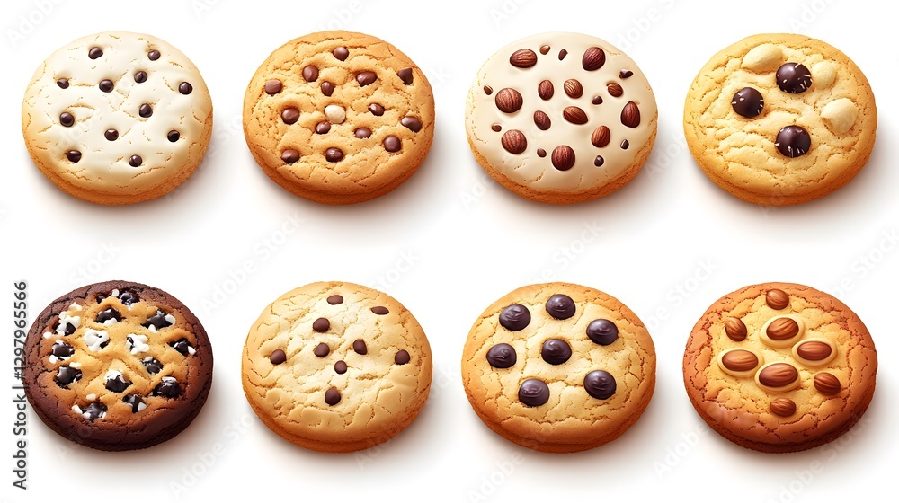 Assorted Cookies with Chocolate, Nuts, and Cream on a White Background Assorted Cookies with Chocolate, Nuts, and Cream on a White Background