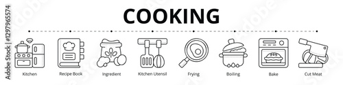 Cooking Line Banner Web Icon Set Vector Illustration, Kitchen Recipe Book Ingredient Kitchen Utensil Frying Boiling Bake Cut Meat