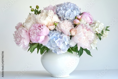 Elegant floral arrangement featuring pink and blue blooms in a pristine white vase on a soft background. Generative AI