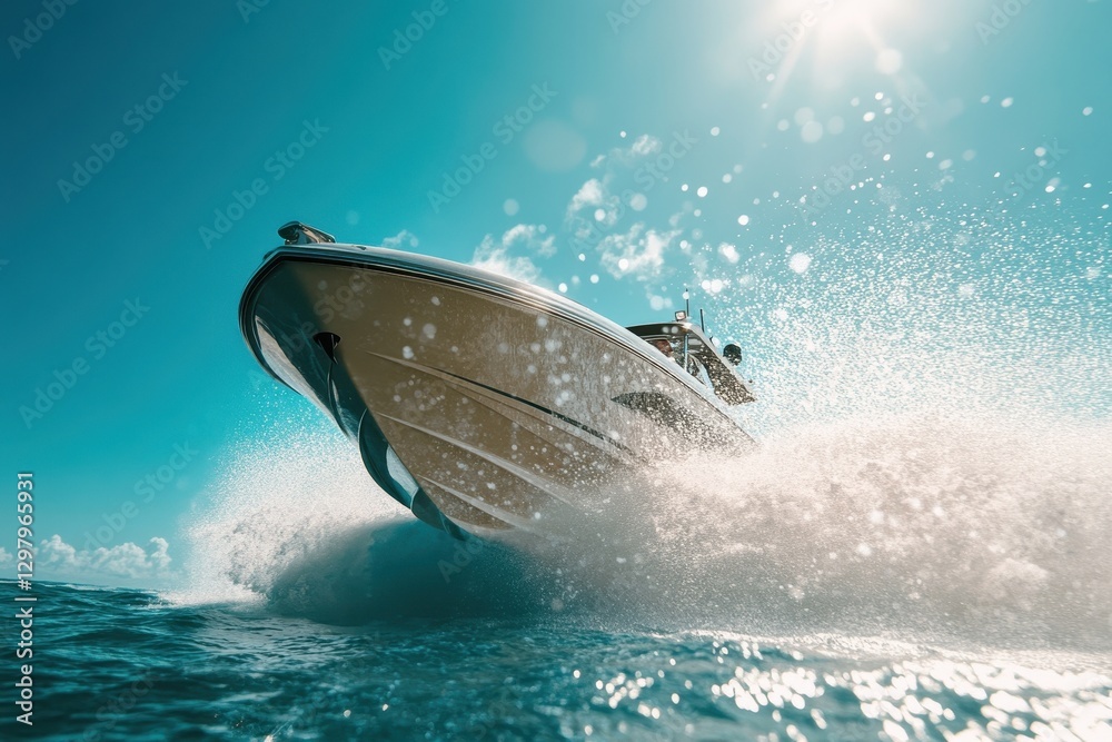 Obraz premium Adventure on crystal blue waters with a sleek speedboat racing through foamy waves under a radiant sun. Generative AI