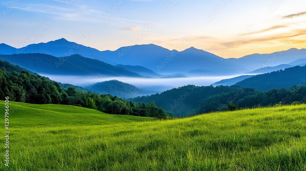 Fototapeta premium Serene Mountain Landscape at Dawn with Mist and Lush Green Fields