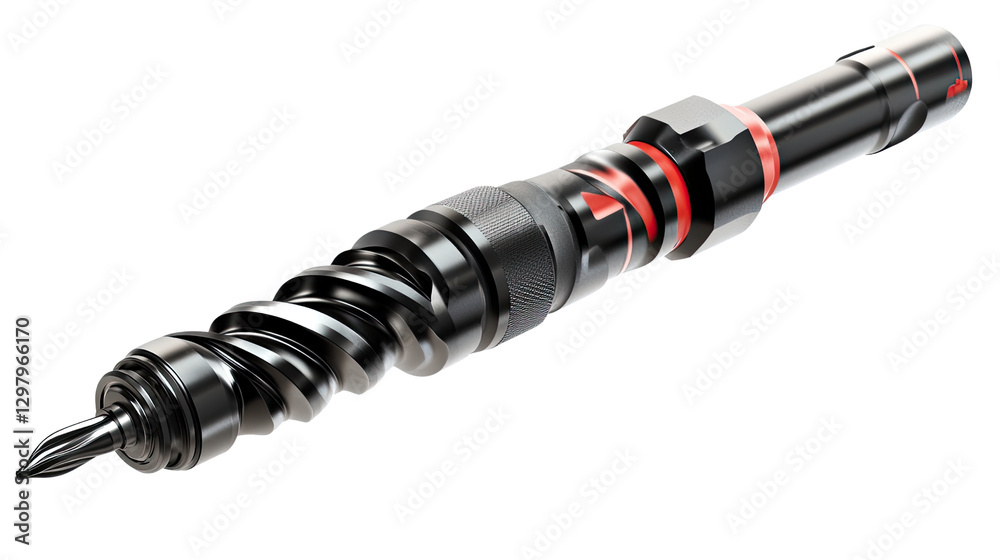 Industrial Drill Head: Close-up studio shot of a powerful black and red drill head, showcasing its robust design, intricate mechanics, and sharp drill bit, representing precision, construction. Industrial Drill Head: Close-up studio shot of a powerful black and red drill head, showcasing its robust design, intricate mechanics, and sharp drill bit, representing precision, construction.