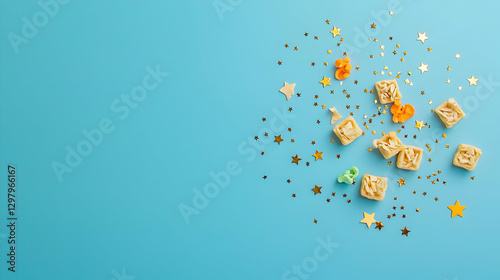 Overhead View of Croutons and Golden Star Confetti on a Blue Background