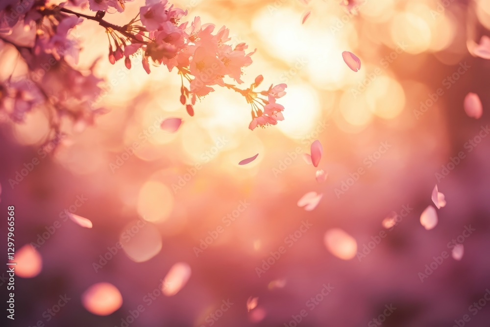 Cherry blossoms flutter in the gentle breeze at sunset, casting a warm and serene glow over the tranquil garden scene. Generative AI Cherry blossoms flutter in the gentle breeze at sunset, casting a warm and serene glow over the tranquil garden scene. Generative AI