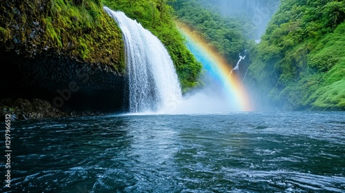 Majestic Waterfall with Rainbow and Lush Greenery in Nature