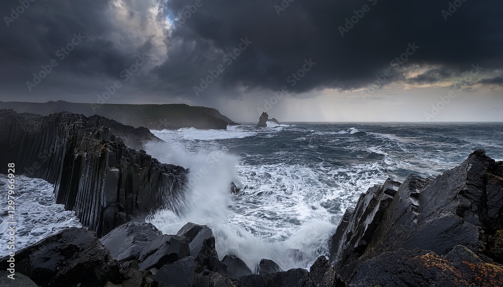 Obraz premium A dramatic stormy coastline with massive waves crashing against jagged black cliffs, creating a powerful, raw natural landscape.