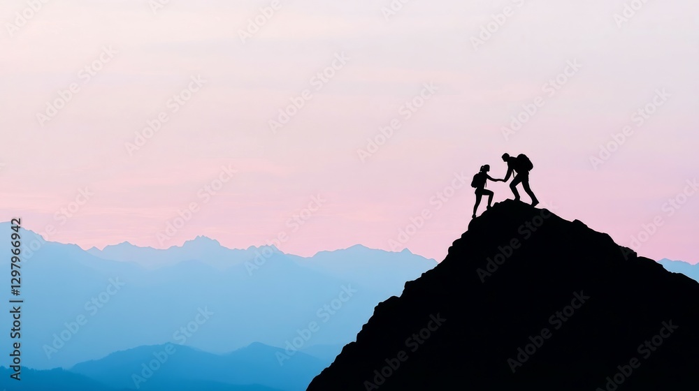Help and assistance concept. Silhouettes of two people climbing on mountain and helping.