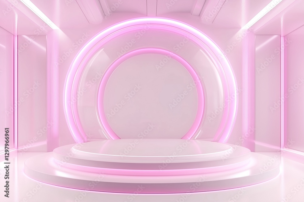 Obraz premium White Podium with Pink Neon Light Ring: Modern Design Studio Showcase for Product Presentation with Futuristic Geometric Shape