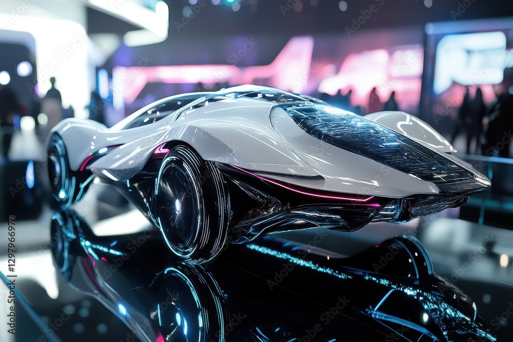 Futuristic electric sports car displayed at an auto show, showcasing sleek design and advanced technology in a vibrant ambiance. Generative AI