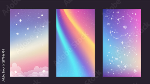 Set of pastel backgrounds for stories, posters and design. Kawaii bg night starry sky, rainbow and clouds. Iridescent vector background