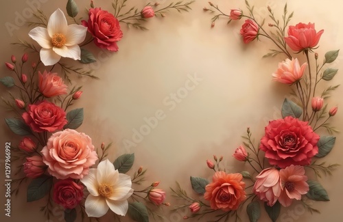 Wallpaper Mural Close-up of oil painted floral composition. Roses and white flowers frame image on beige background. Fine art background, vintage style flower frame design for greeting cards. Torontodigital.ca