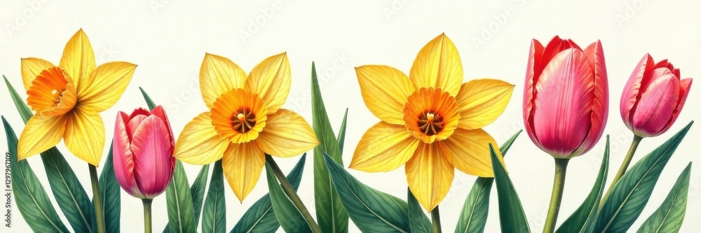 Hand drawn daffodils and tulips together, flowers, tulips, garden Hand drawn daffodils and tulips together, flowers, tulips, garden
