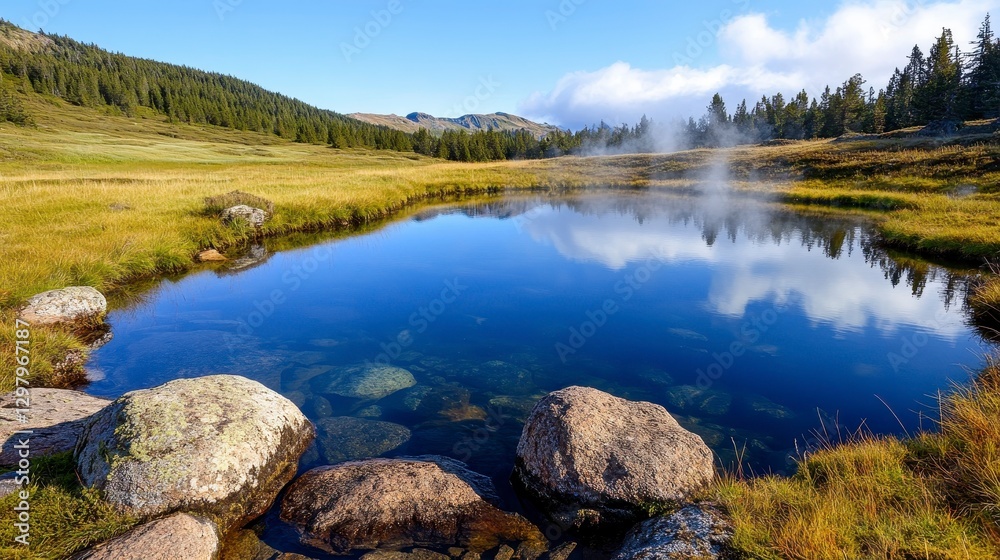 Tranquil Nature Scene of Clear Water Pond in Mountain Landscape Tranquil Nature Scene of Clear Water Pond in Mountain Landscape
