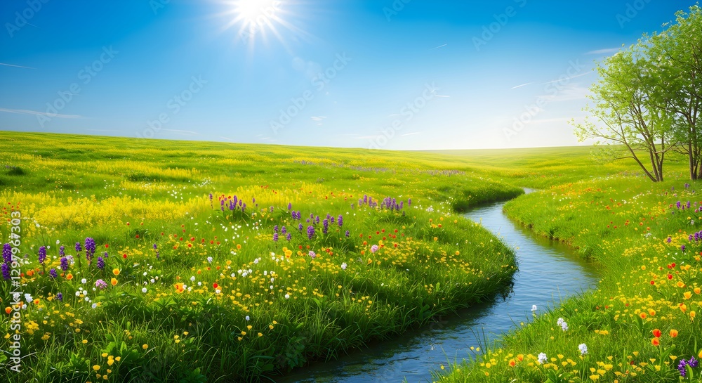 Obraz premium Serene spring landscape with meandering stream through blooming meadow. Sunny day in countryside. Earth Day, Easter, or nature conservation concept. Panoramic view with copy space.