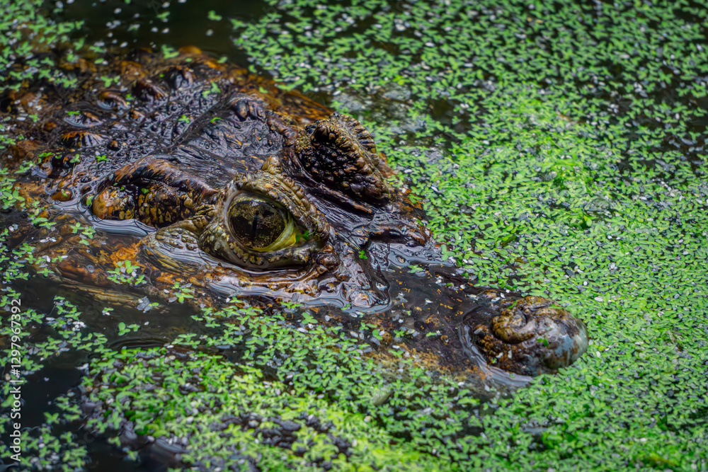 Obraz premium caiman crocodile, a large aquatic and terrestrial reptile, hunting in water overgrown with green vegetation. eyes and muzzle of a crocodile resting in the water.