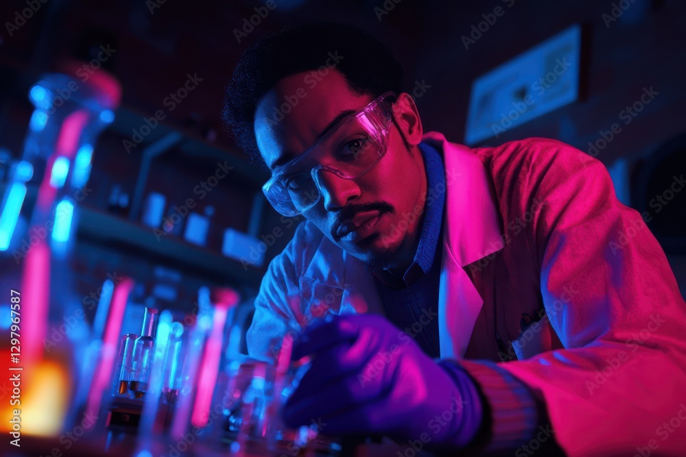Scientist in Lab Coat Focusing on Experiment with Colorful Lighting Scientist in Lab Coat Focusing on Experiment with Colorful Lighting