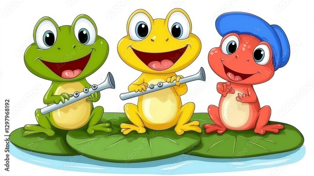 Obraz premium Cheerful Frogs Playing Instruments on Lily Pads in a Playful Scene