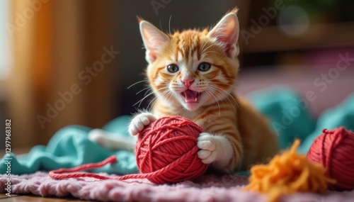 Happy cat playing with yarn, cat toys, feline friends, colorful