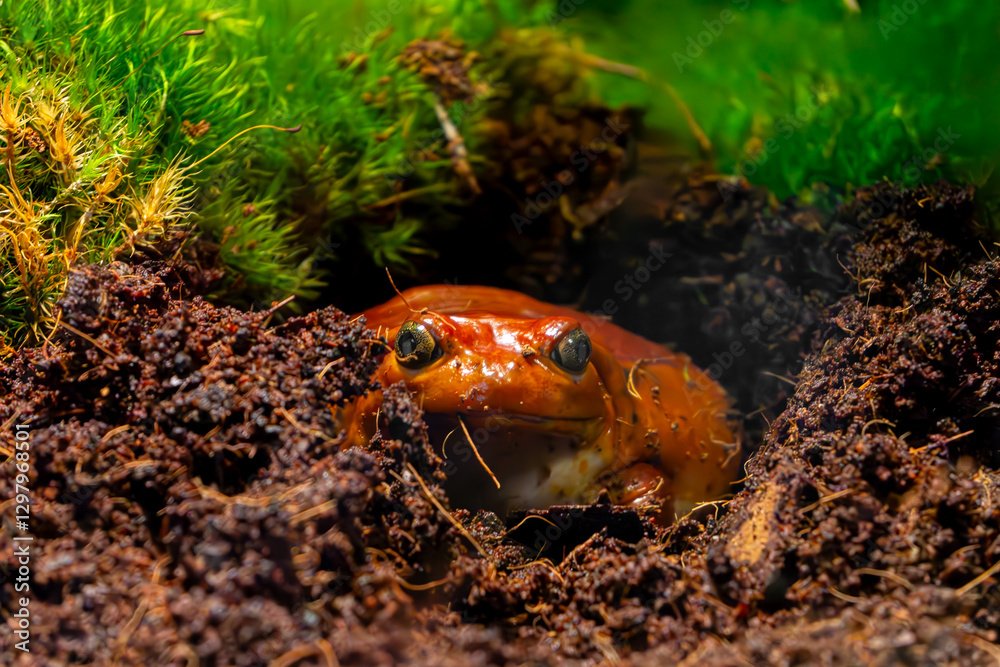 Fototapeta premium tomato frog buried in the ground looking at the camera. wild reptile
