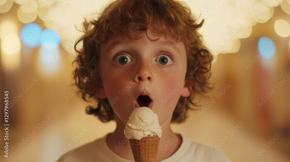 Child tries ice cream for the first time, surprised expression on face. Child tries ice cream for the first time, surprised expression on face.