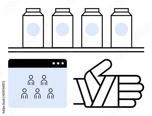 Milk cartons arranged on a shelf, web interface with user icons, and a bandaged hand representing community, teamwork, wellness, retail, tech, injury recovery, and collaboration in abstract line flat