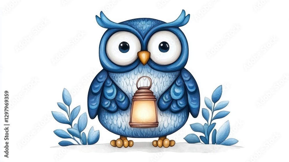 Fototapeta premium Cute Cartoon Owl Holding a Lantern Surrounded by Green Leaves
