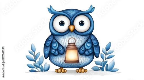 Cute Cartoon Owl Holding a Lantern Surrounded by Green Leaves