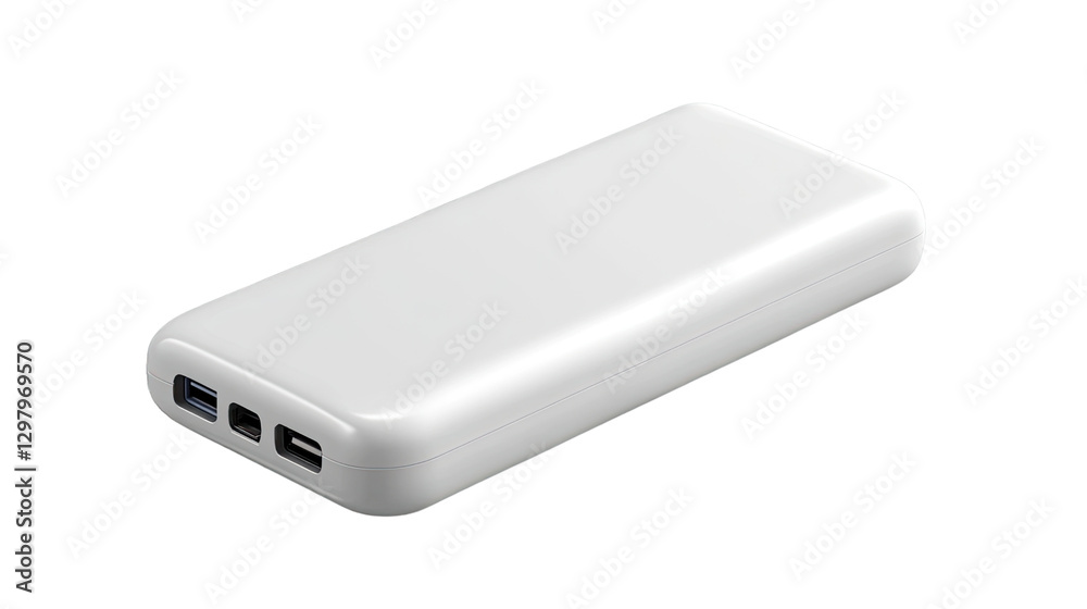 Power Bank: A sleek, minimalist power bank, its pure design hinting at portable energy and connectivity for modern devices. Power Bank: A sleek, minimalist power bank, its pure design hinting at portable energy and connectivity for modern devices.