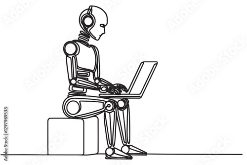 continuous one single black line art doodle drawing of AI-powered humanoid robot working on a laptop illustration on white background