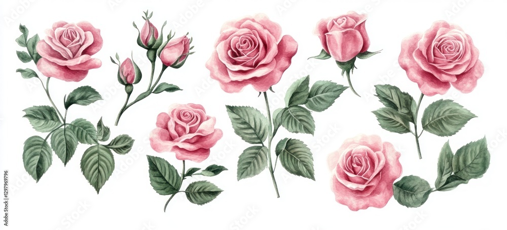 Naklejka premium Watercolor pink roses collection.