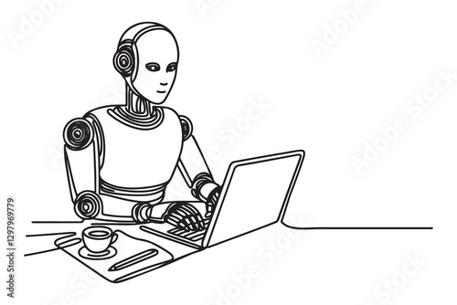 continuous one single black line art doodle drawing of AI-powered humanoid robot working on a laptop illustration on white background