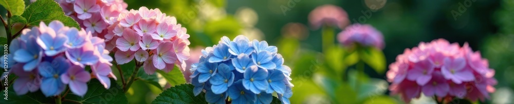 Hydrangea blooms in garden among lush flowers , blooming, garden, beauty