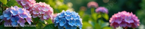 Hydrangea blooms in garden among lush flowers , blooming, garden, beauty