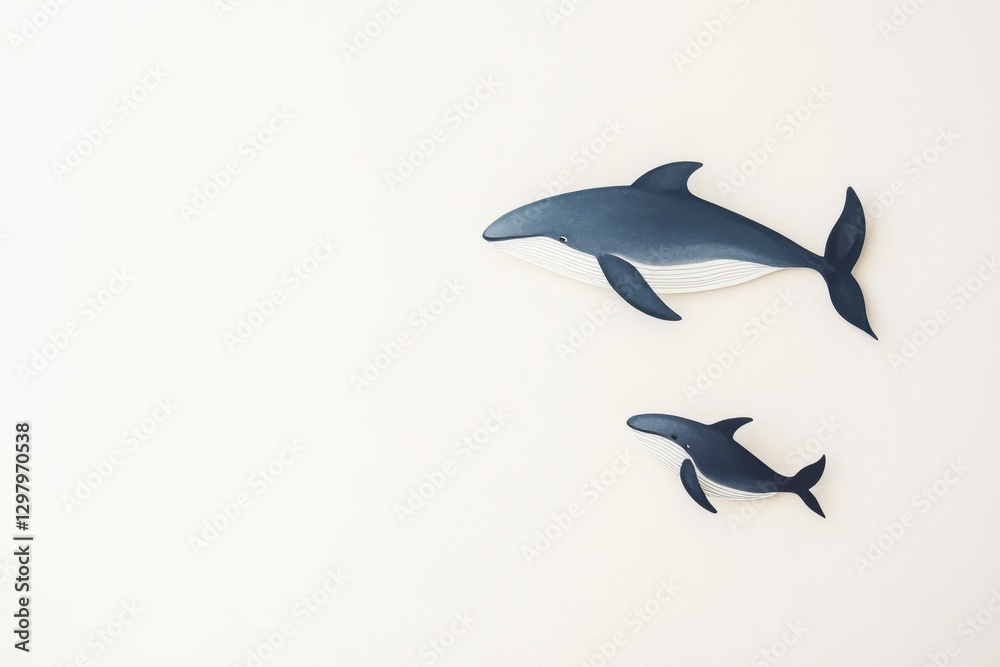 Fototapeta premium Delightful wall decor featuring handcrafted whale figures, adding charm to a serene coastal-themed room. Generative AI
