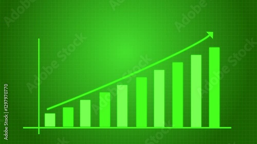 A dynamic bar chart animation featuring a glowing upward arrow on a green grid background, symbolizing business growth, financial success, and data analysis. 