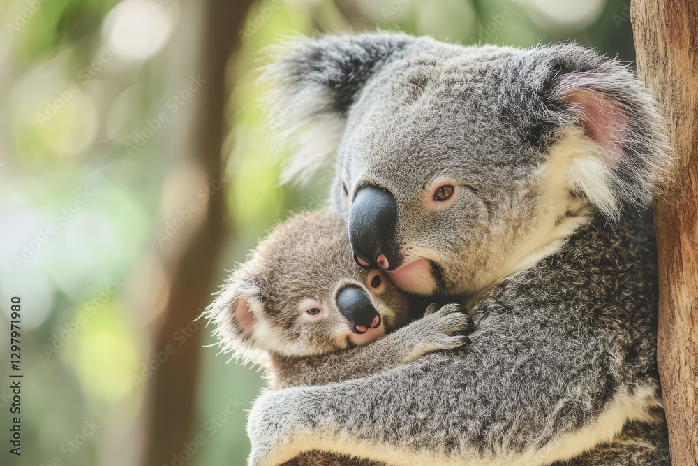 Naklejka premium Tender moments shared between a mother koala and her joey in a lush forest setting. Generative AI