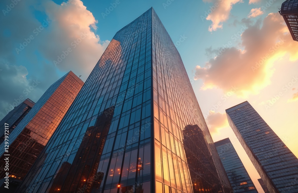 Obraz premium Low angle view of reflective skyscrapers with glass curtain wall, mirror window. Business office buildings reflecting blue sky, clouds at sunset. Commercial real estate, corporate finance, skyline.
