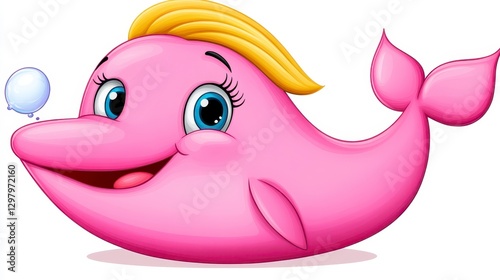 Happy Cartoon Pink Whale with Blonde Hair and Big Smile