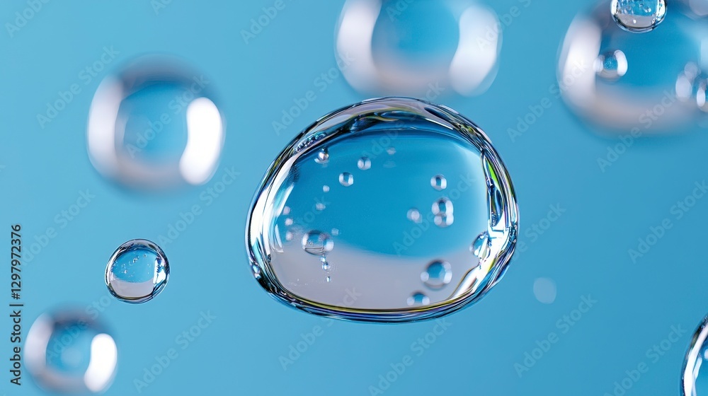 Clear Water Droplets on Blue Background with Soft Focus Effect Clear Water Droplets on Blue Background with Soft Focus Effect