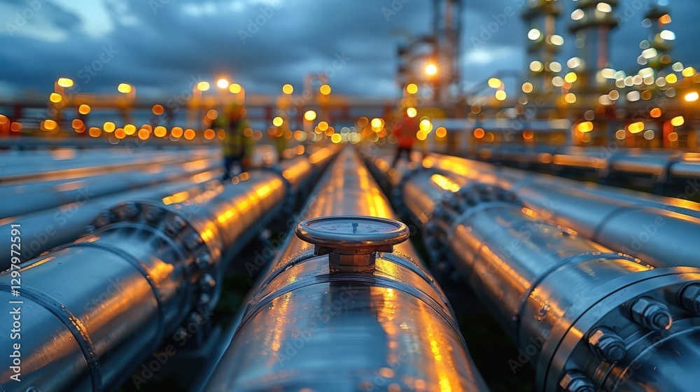 Industrial pipeline infrastructure at dusk; close-up view of pipes with gauge, refinery lights blurred in background, conveying energy and industry concepts. Industrial pipeline infrastructure at dusk; close-up view of pipes with gauge, refinery lights blurred in background, conveying energy and industry concepts.