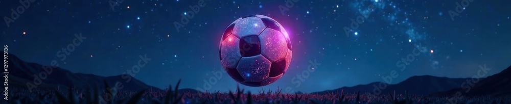 Naklejka premium Iridescent glowing soccer ball suspended in mid-air against a dark blue night sky with starry twinkling stars, dark, night, iridescent