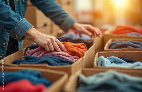 Hands sorting through stacks of colorful clothes in cardboard boxes. Volunteering, donation, recycling old cloths, bargain hunt, charity, community support, social responsibility, giving concept,