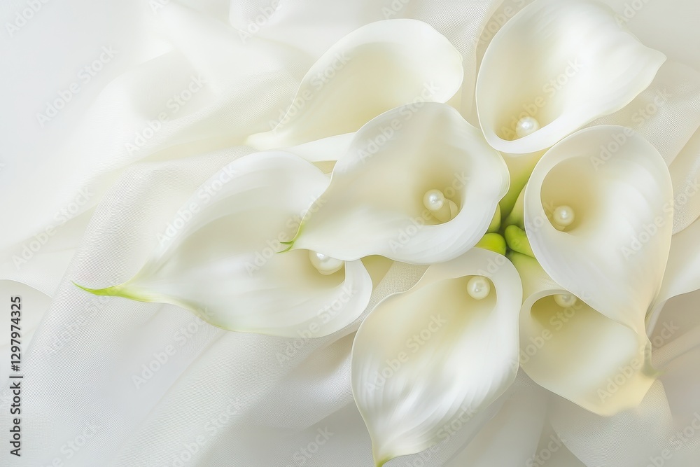 Elegant white calla lilies elegantly arranged with pearls against a soft, flowing backdrop for a serene aesthetic. Generative AI Elegant white calla lilies elegantly arranged with pearls against a soft, flowing backdrop for a serene aesthetic. Generative AI