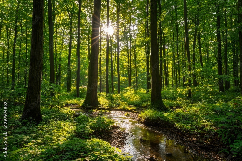 Obraz premium A dense forest with towering trees, sunlight filtering through the leaves. A small stream flows gently, surrounded by lush green vegetation.