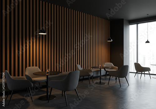 Modern Minimalist Lounge Interior Design  Dark Wood Walls  Gray Chairs  and Subtle Lighting